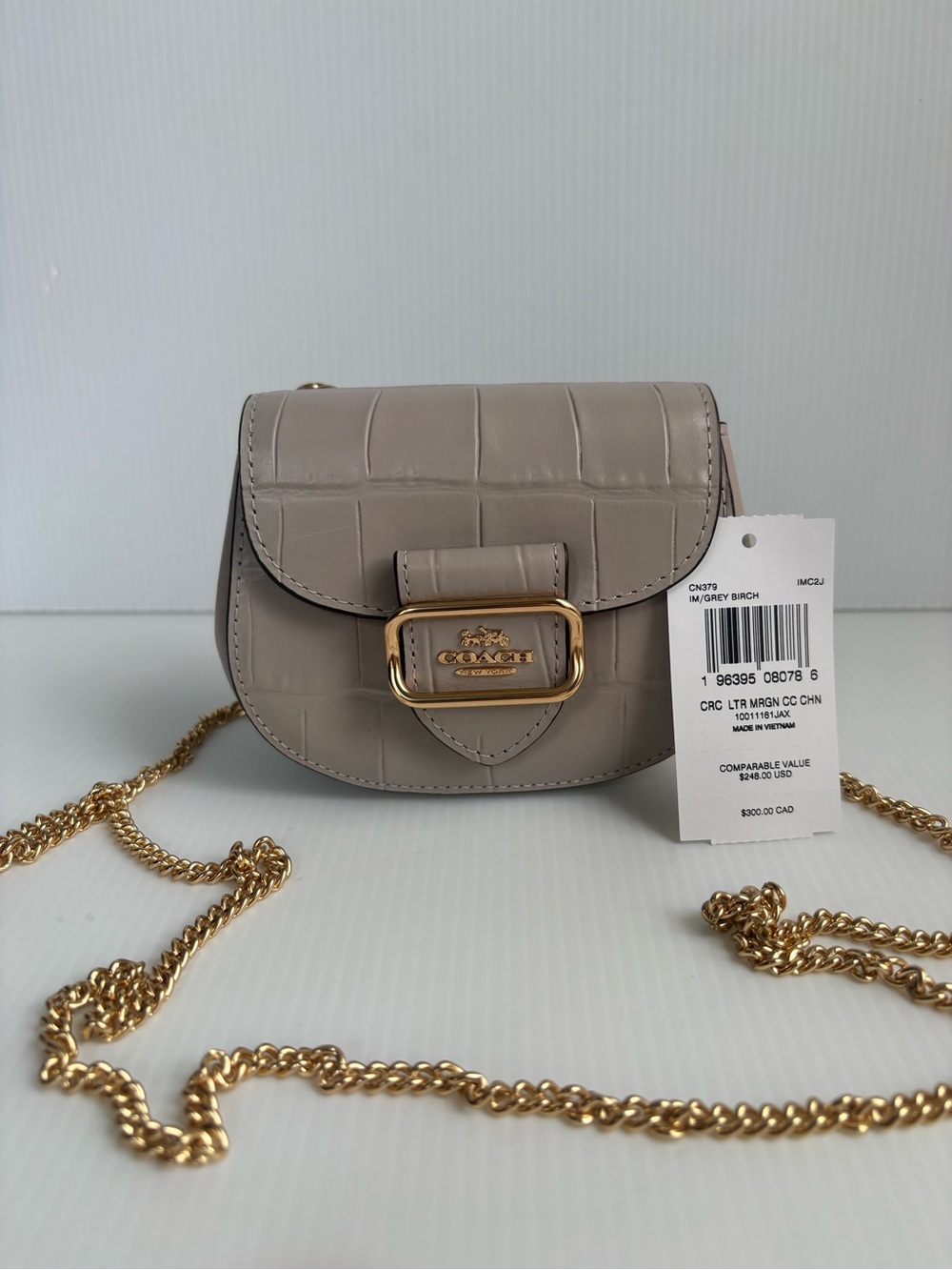 Coach Morgan Card Case On A Chain in Grey Birch Croc-Embossed Leather NWT
